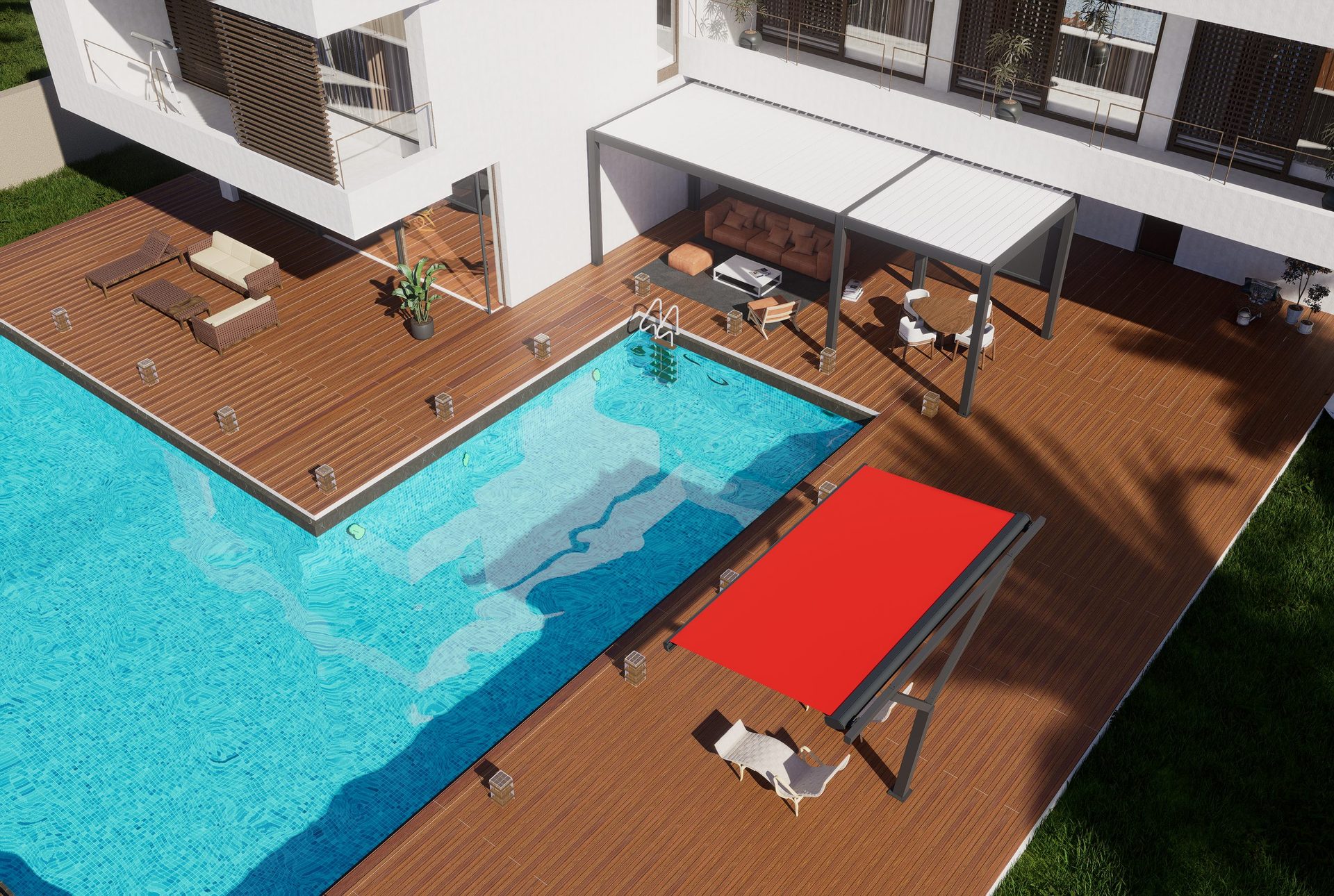 Aerial view of a luxury yard with pergola and awning