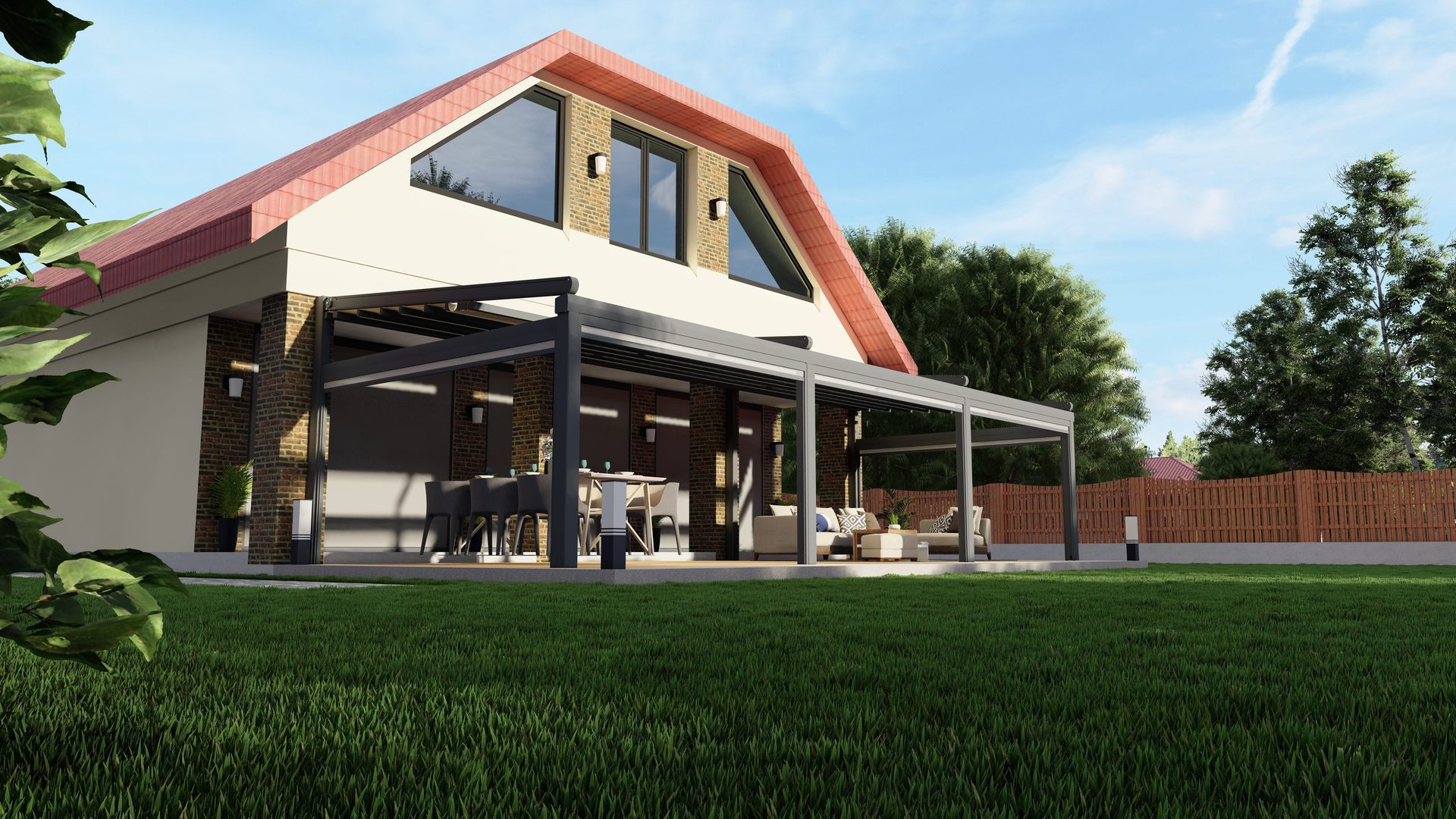Aluminum pergola with outdoor dining in a private garden