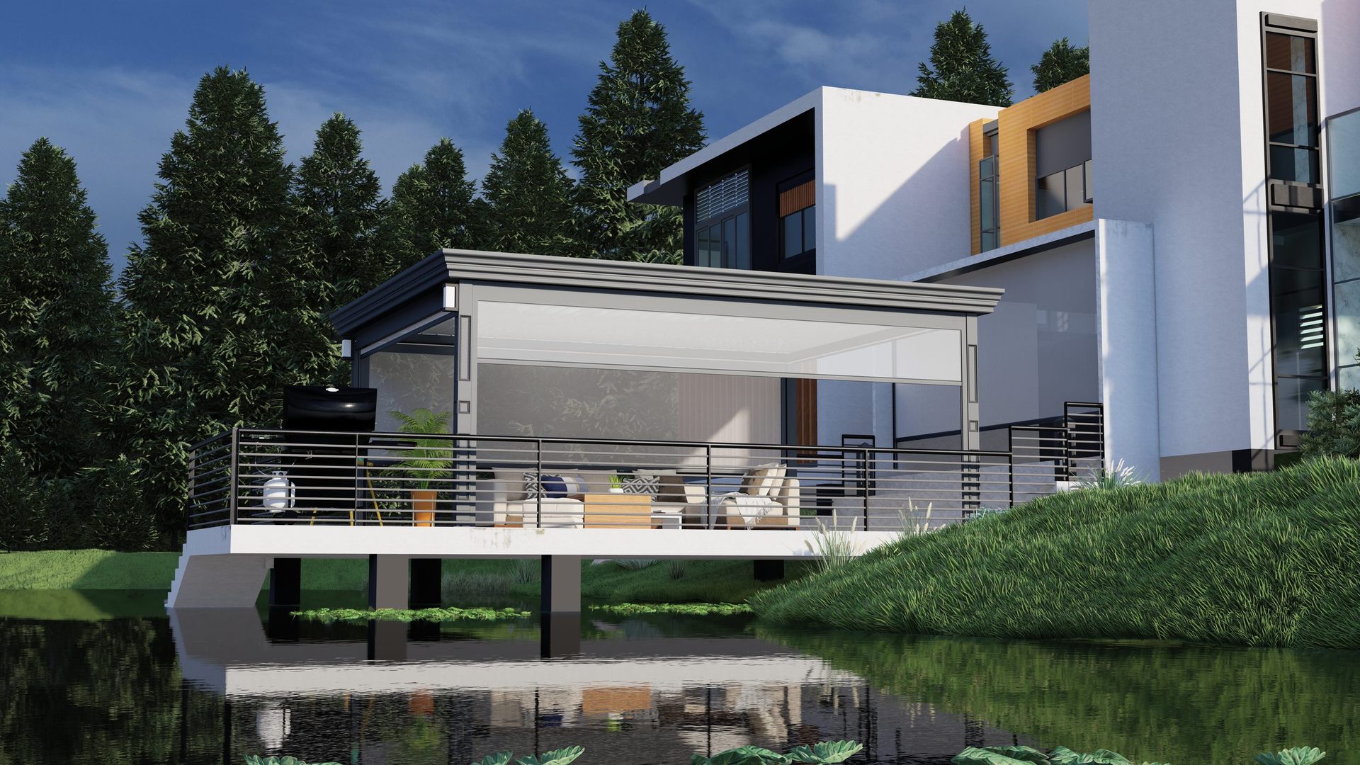 Lakeside villa with louvered pergola and zip screens