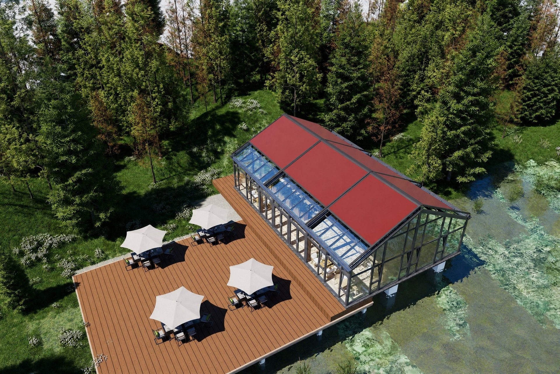 Retractable roof sunroom by the lake