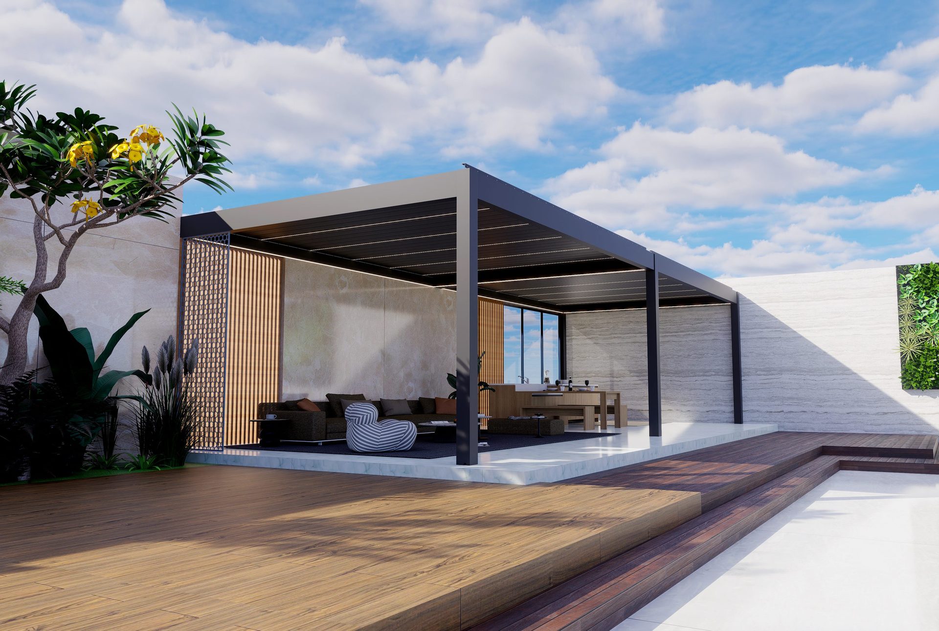 Modern villa louvered pergola by the pool