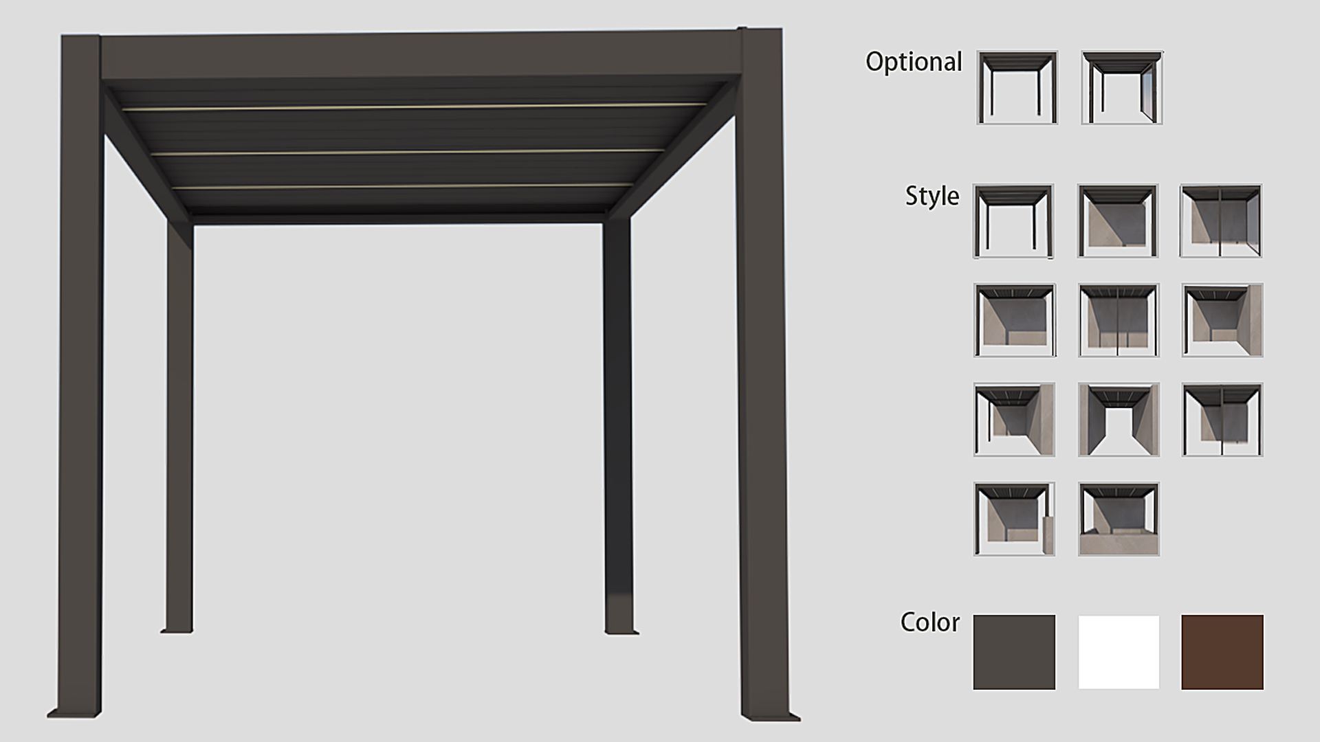 Louvered pergola, freestanding, four posts, dark grey frame